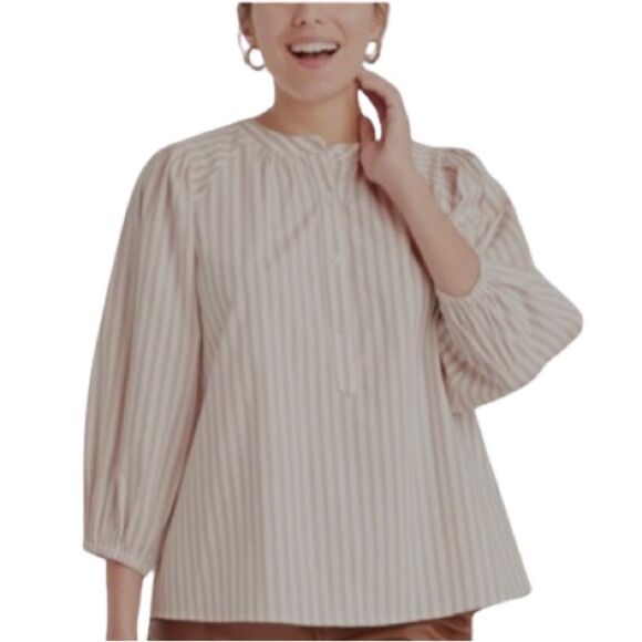 A New Day Taupe striped Balloon Sleeve Quarter Button Blouse XL - Picture 3 of 13